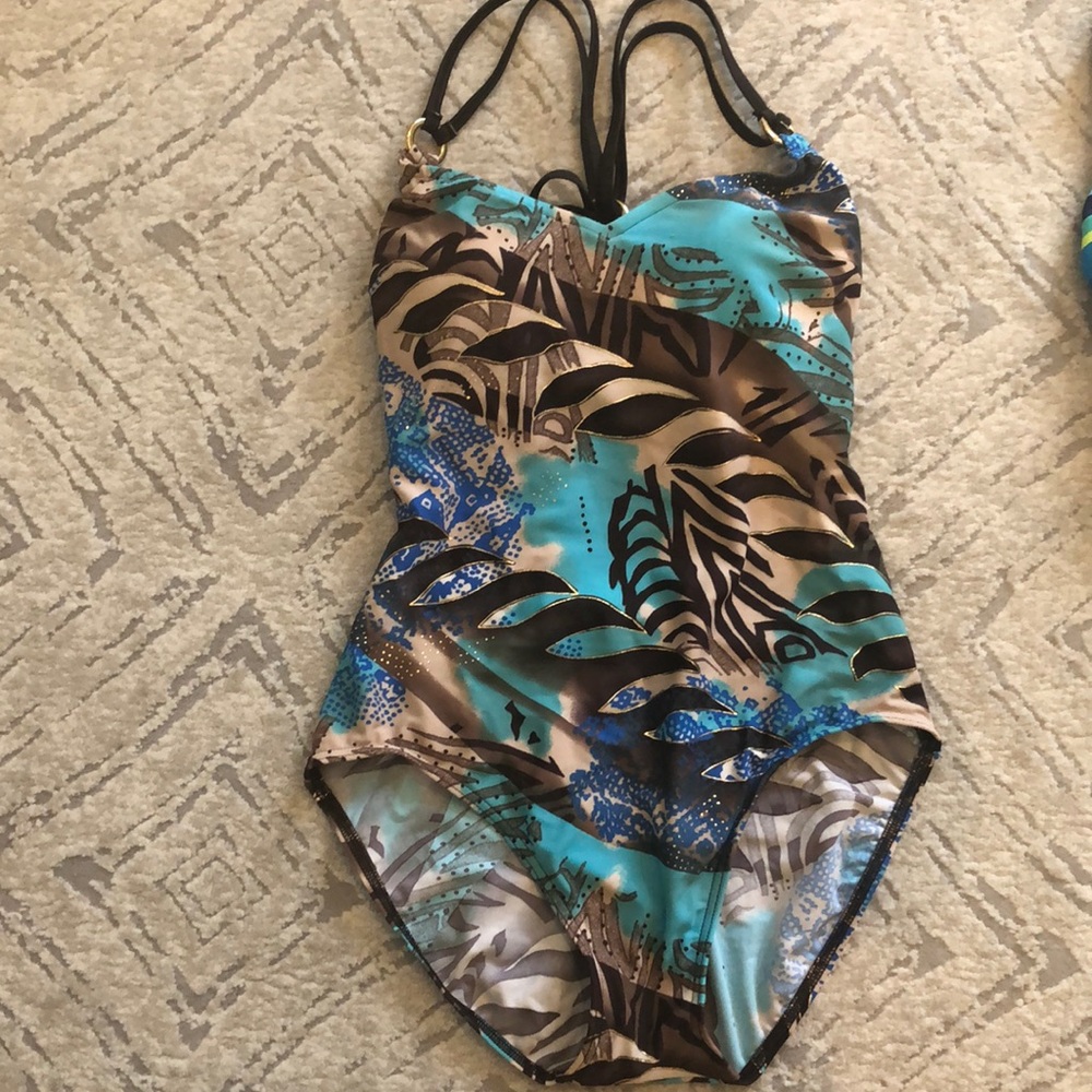 Gottex Silver Sz 10 One piece swimsuit turquoise, nude/ tan, brown and gold 😍